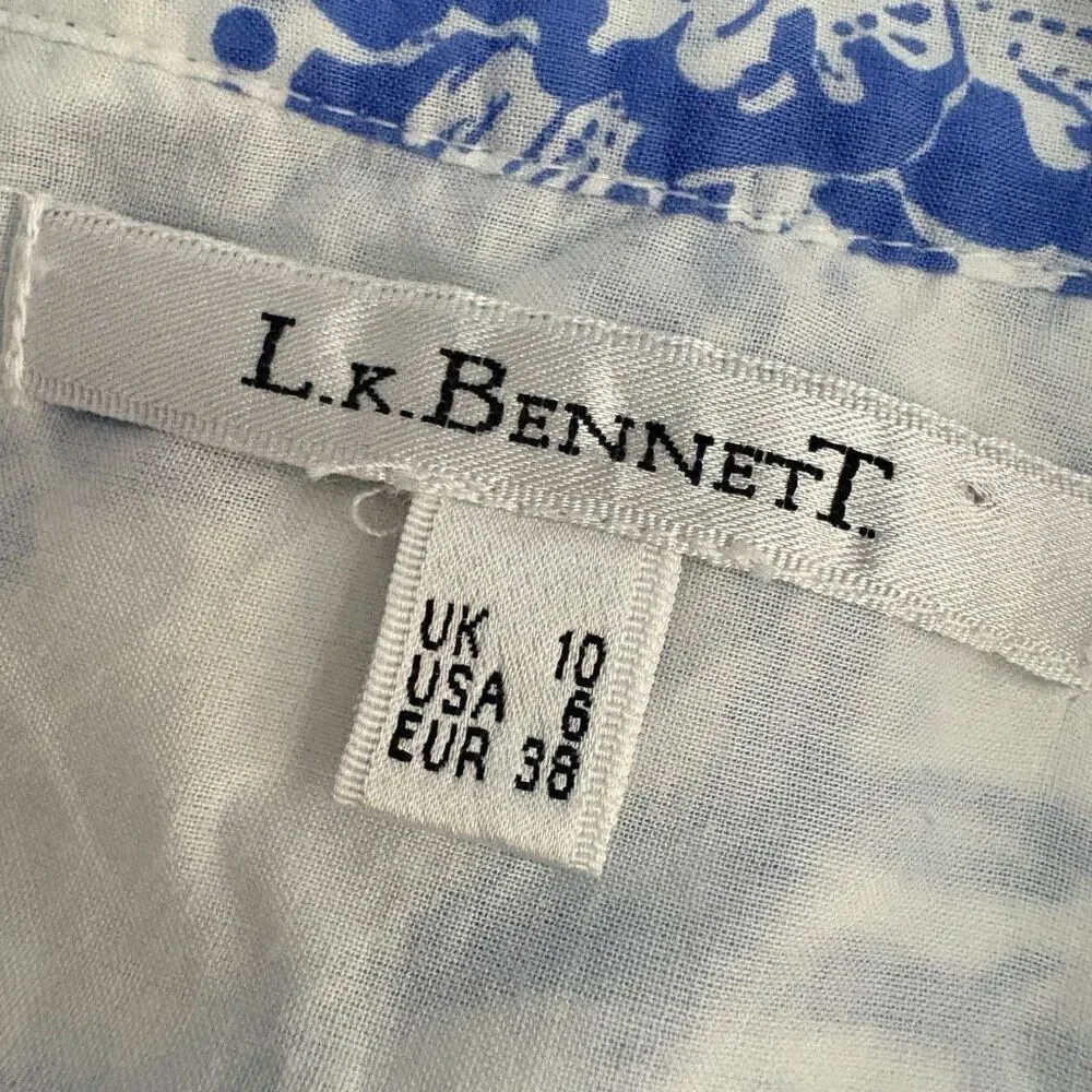 LK Bennett 6 Blue White Floral Midi Skirt Cotton Cottagecore Preppy Luxury Retro